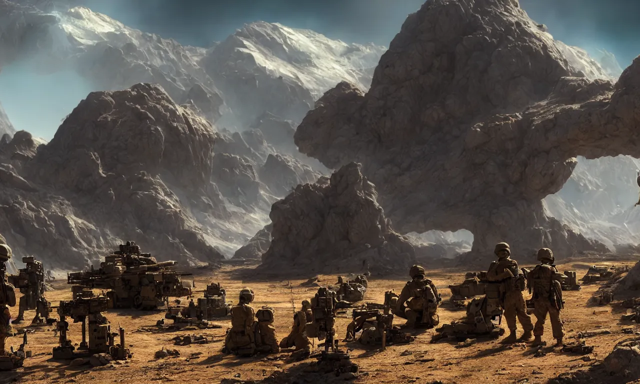 Prompt: sitting small dog watching tired soldiers repairing complicated flying glass rocket in colorful futuristic landscape, dramatic shadows cast on reflective dirty ground, with mountains in background, volumetric lighting, subsurface scattering, dramatic lighting, high detail, from new scifi by digital domain and weta digital, strong ambient occlusion