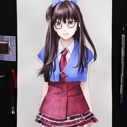 Image similar to a perfect, realistic professional digital sketch of a Japanese schoolgirl in style of Marvel, full length, by pen and watercolor, by a professional Japanese artist on ArtStation, on high-quality paper