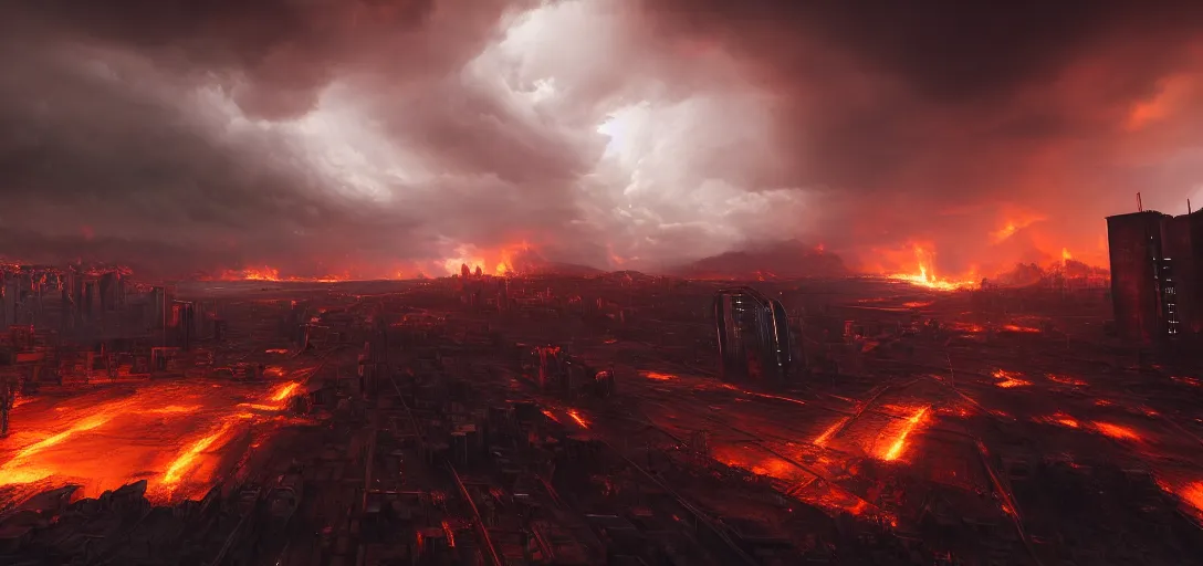 Image similar to dramatic view of empty cyberpunk underground foundry, giant burning fire pillars, chimney stacks spitting out fire and smoke, glowing ominous clouds, lightning, unreal engine, dramatic lighting, detailed, ambient occlusion, global illumination, god rays, 3 d artstation render by greg rutowski and jessica rossier