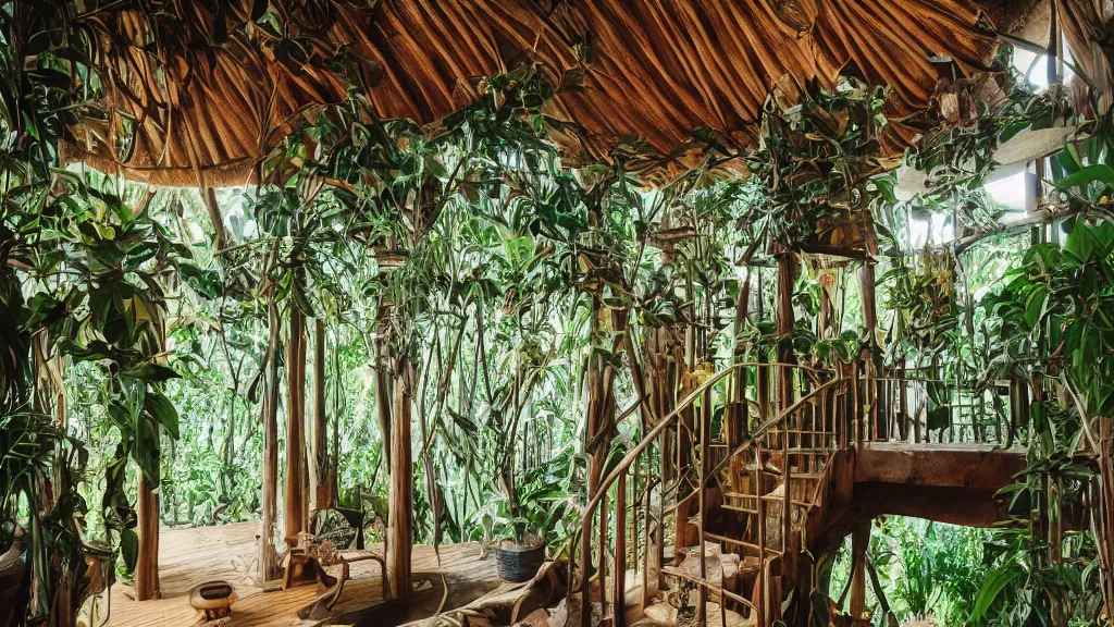 Image similar to 35mm photo of interior of luxurious jungle treehouse, sublime interior design, lavender colors, wall sconces, jungle view, humble, style of Tudor, professional photography, wide perspective, grand composition, concept art, highly detailed, sublime, dramatic, cinematic