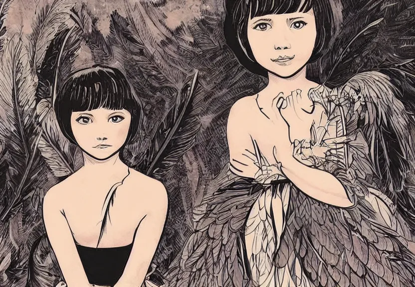 Image similar to beautiful little girl with a short black haircut wearing a dress made of black feathers, artwork in western comic art style, anatomically perfect