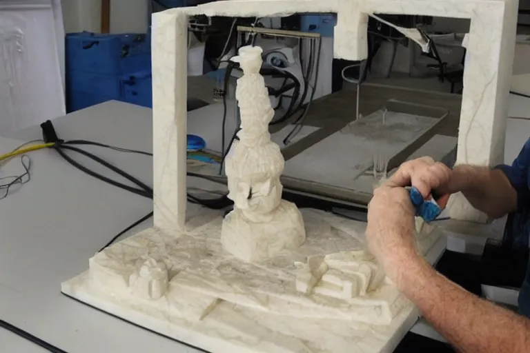 Image similar to a sculptor carving a 3 d printer from a block of marble