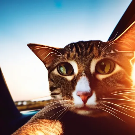 Image similar to cat sitting in driver seat of a cabriolet, paws touching steering wheel, golden hour, top view