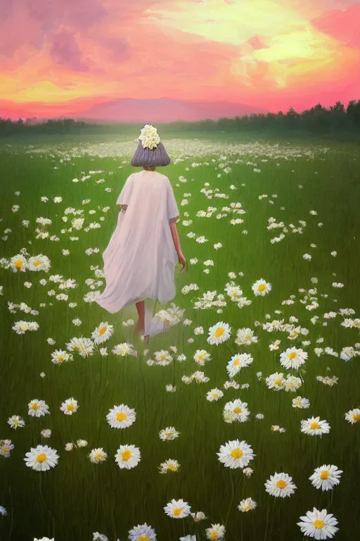 Prompt: giant white daisy flowers as head, girl with veil walking in a flower field, surreal photography, sunrise, dramatic light, impressionist painting, colorful clouds, digital painting, artstation, simon stalenhag