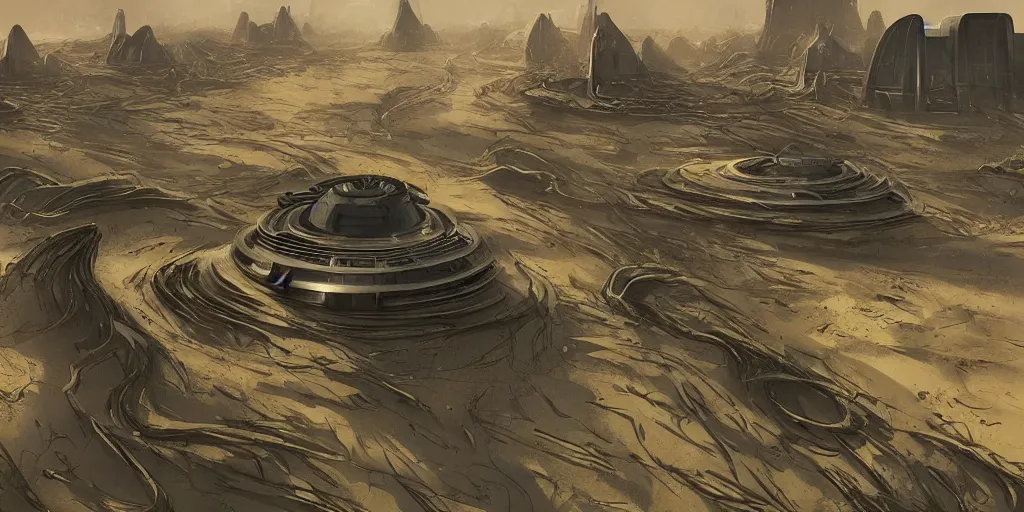 Image similar to dune city with trees and water, and temples of arrakis, arrakeen, arab ar architectural and brutalism and gigantism, from frank herbert novels, composition idea concept art for movies, style of denis villeneuve and greg fraiser