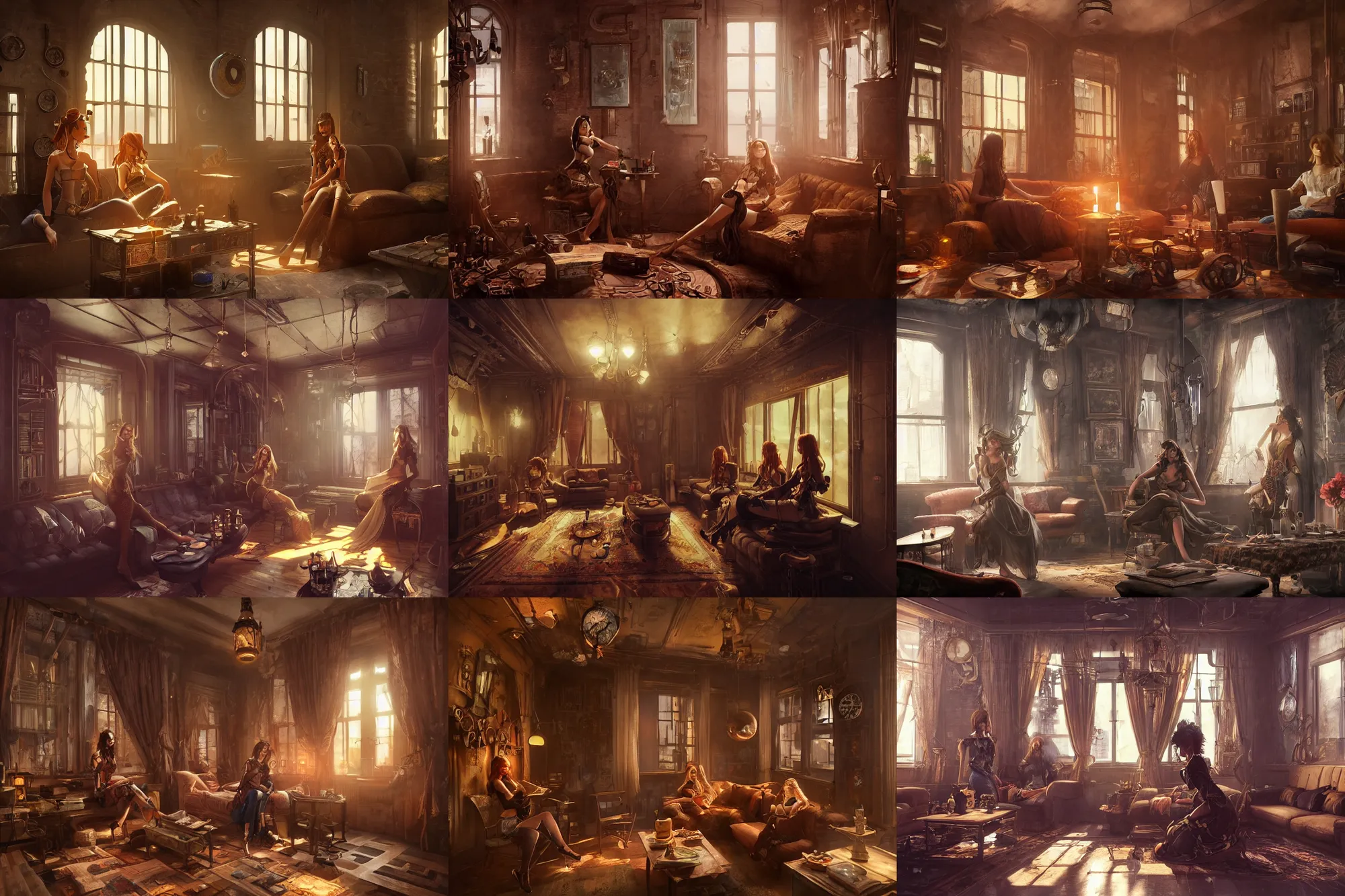 Prompt: beautiful women in the interior of a steampunk apartment, by Greg Rutkowski and Joe Madureira, 3d scene, render, ultra realistic, ray tracing, night time, volumetric light, smoking cigarettes, artstation, cgsociety, level design, unreal engine, zenith view