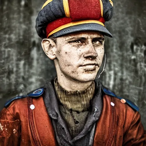 Image similar to Portrait of a Soviet sailor wearing Venetian doge clothes made out of garbage, postapocalyptic, modern photo