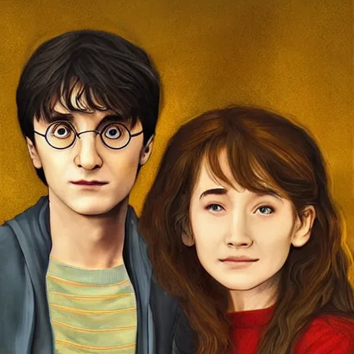 Image similar to Harry Potter and Hermione in Venice, art gallery, art museum, symmetrical face, beautiful eyes,