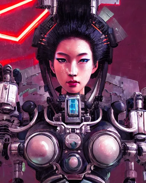 Prompt: a portrait of a cyberpunk geisha mecha, scifi, smooth, intricate sci fi panels made of metal, elegant, highly detailed panel cuts, greeble detail, caustics and refraction, neon glowing eyes, digital painting, artstation, concept art, high tech fantasy, sharp focus, illustration, art by marco plouffe arstation and Riot Studios and Blizzard Studios