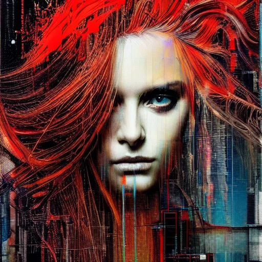 Prompt: hyperrealistic portrait of a mysterious cyberpunk woman with flowing hair, by Guy Denning, Russ Mills, beautiful, elusive, glitch art, hacking effects, glitch effects, digital tech effects, cybernetics, detailed lines, intricate detail, holographic, polished, chromatic, clear, color blocking, acrylic on canvas, octane, concept art, abstract, red face, front view, 8k, cgsociety, trending on artstation