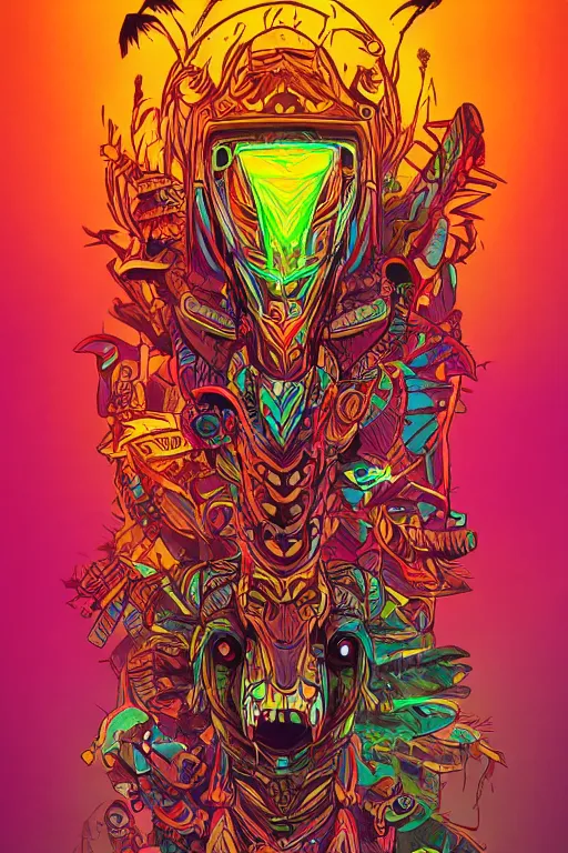 Image similar to totem animal tribal chaman vodoo mask feather gemstone plant wood rock video game illustration vivid color borderlands by josan gonzales and dan mumford radiating a glowing aura