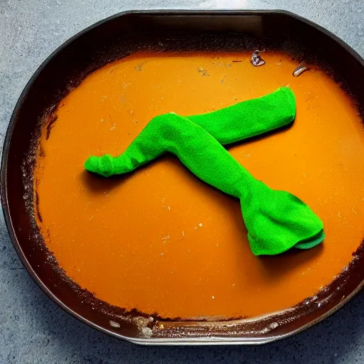 Prompt: photo of Gumby being melted in a pan of hot oil