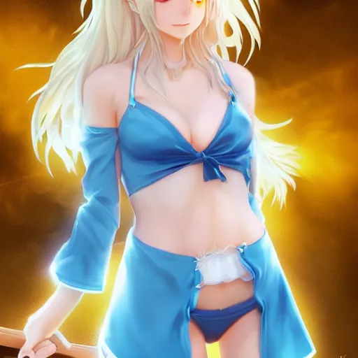 Image similar to full body shot : a very beautiful young blond circus anime girl, sky blue eyes, bikini, white miniskirt, highly detailed, cinematic wallpaper by stanley artgerm lau