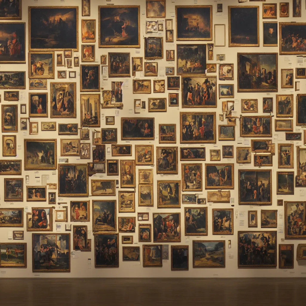 Image similar to a wall at an exhibition that has six of the world's most famous paintings