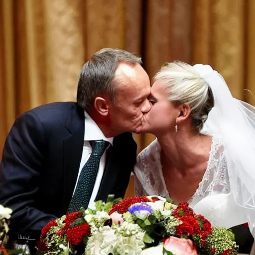 Prompt: a wedding photo of Donald Tusk and Jaroslaw Kaczynski kissing each other, high quality