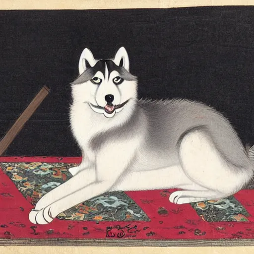 Prompt: Husky siberiano, Itō Jakuchu, 1790, hanging out with gray cat, drums