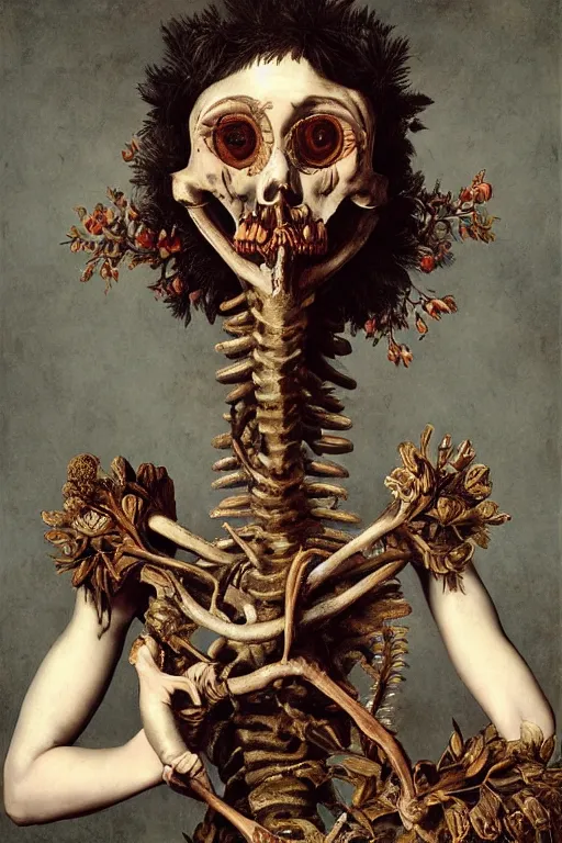 Prompt: Detailed maximalist portrait with large lips and with large white eyes, exasperated expression, extra fleshing limbs, botany bones, HD mixed media, 3D collage, highly detailed and intricate, surreal illustration in the style of Caravaggio, dark art, baroque