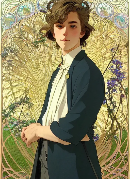 Image similar to pretty young man with shoulder length blond hair, male, half body shot, path traced, highly detailed, high quality, digital painting, by studio ghibli and alphonse mucha, leesha hannigan, hidari, art nouveau, chiho aoshima, jules bastien - lepage