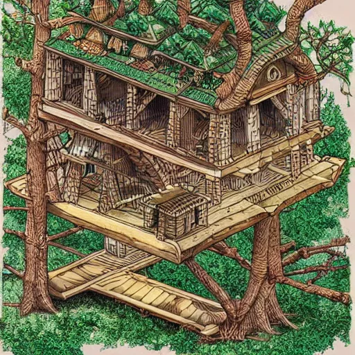 Image similar to Isometric view of a tree house society, intricate, illustration, hyper detailed, detailed