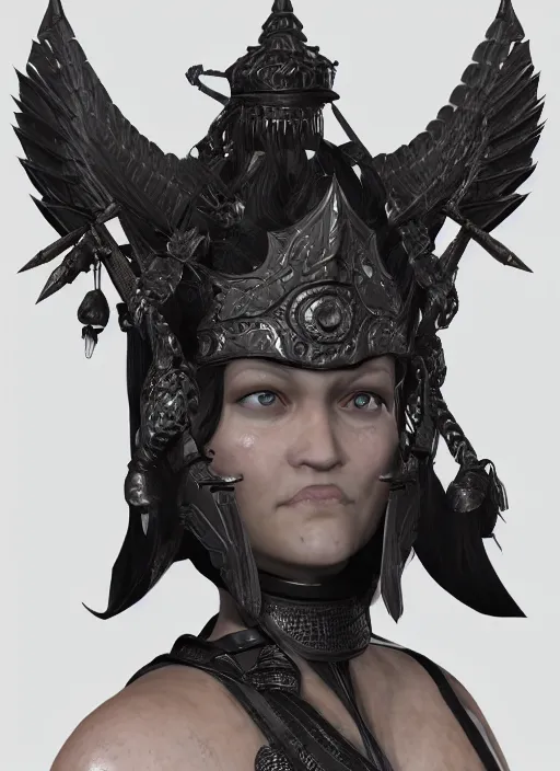 Prompt: a black crest, orthographic, ornament, female warrior's face, a 3 d render by dom qwek, front side views full, trending on polycount, artstation, hard surface modeling, rendered in maya, 3 ds max, blender, hd, vray, berserk blood