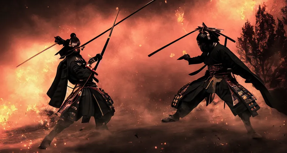 Image similar to a beautiful photo of a samurai warrior in a dynamic pose, black and pink and gold colors, high detail, glimmering samurai sword in 3d perspective deep rich colors, iridescent radiance, epic scale ultrawide angle, stunning, epic, great migration, cinematic, Artstation trending, octane render, hyperrealistic, Cryengine 8k UHD