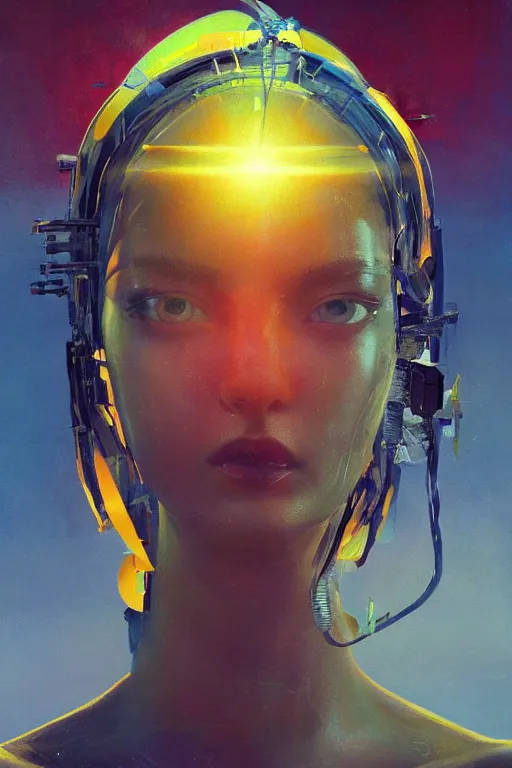 Image similar to 3 d, sci - fi, sun rays, sleepy fashion model face, yellow faces, cinematic, vogue cover style, poster art, light red and deep blue mood, realistic painting, intricate oil painting, high detail, figurative art, multiple exposure, poster art, 3 d, by tooth wu and wlop and beeple and greg rutkowski