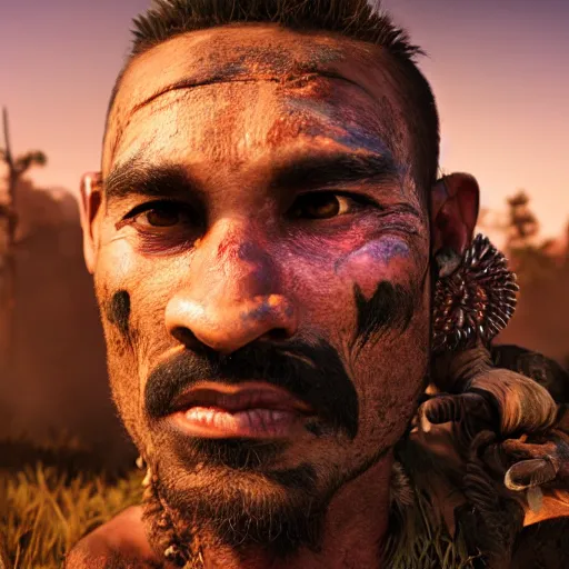 Image similar to man with peyote tea at jungle campfire full moon in the style of far cry primal, symmetrical detailed face 8 k