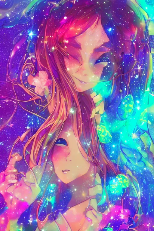 Image similar to psychedelic, whimsical, anime, 4k, beautiful intimate woman with professional makeup, long trippy hair, a crystal and flower dress, bathing in a reflective pond, underneath the stars, rainbow fireflies, trending on patreon, deviantart, twitter, artstation, volumetric lighting, heavy contrast, art style of Ross Tran and Ilya Kuvshinov