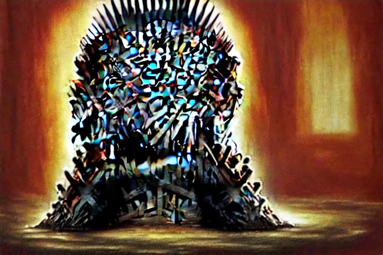 Image similar to poster portrait of george r r martin in “ game of thrones ” ( 1 9 8 4 ). background is the iron throne. artwork, 4 k digital art, neon, 8 0's style tomasz alen kopera, peter mohrbacher, donato giancola, ilya repin, drew struzan hyperrealistic oil painting, gothic horror, frank frazetta