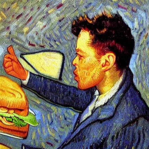 Image similar to a beautiful oil painting of elon musk eating a panini, 8k , award winning , made in 1800's , old , painted by vincent van gogh