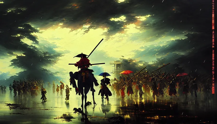 Image similar to baroque oil painting of key visual samurai war, rain, storm, fake detail, trending pixiv fanbox, acrylic palette knife, style of makoto shinkai takashi takeuchi yoshiyuki sadamoto greg rutkowski chiho aoshima