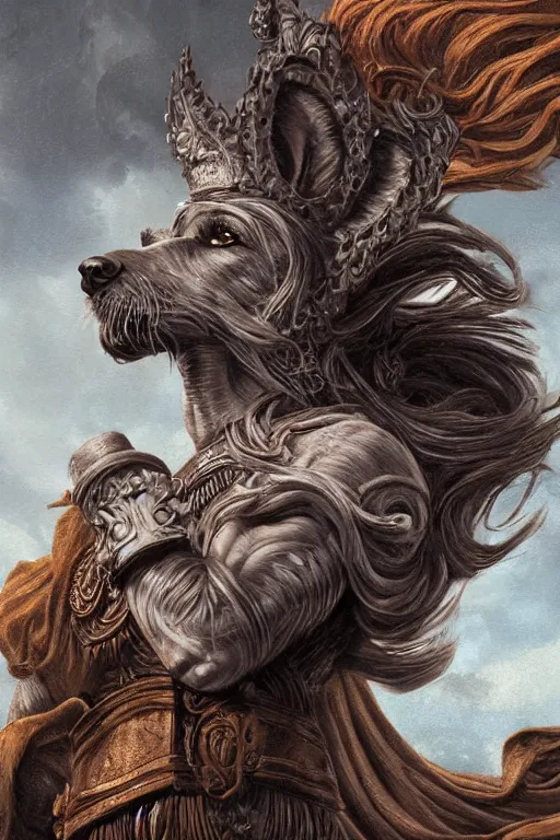 Image similar to Dog as a god, detailed face, gorgeous, amazing, flowing hair, very muscular male body, partial anatomy, stormy background, caesar victorious, proud Emperor, crepuscular ray, intricate, highly detailed, 8K, digital painting, fantasy, artstation, concept art, sharp focus, over-shoulder shot, illustration, art by greg rutkowski beeple and alphonse mucha