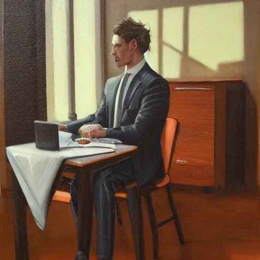 Prompt: A man in a suit and tie, tired, looking groggy, business attire, youthful appearance, handsome face, male office worker, sitting at a table, the sun is peaking through a window, dawn lighting, orange tint, long shadows, oil on canvas, classical oil painting in the style of realism, high quality award winning artwork, expressive colors, dramatic lighting, professionally designed