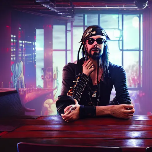 Prompt: high quality portrait of a pirate with four arms in a cyberpunk cyberpunk cyberpunk cafe, realism, 8k, award winning photo