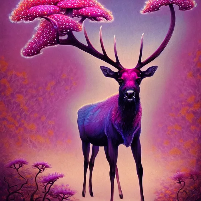 Prompt: extremely psychedelic elk made of orchid and cherry blossom tree and mushroom, LSD, diffuse lighting, fantasy, intricate, elegant, highly detailed, lifelike, photorealistic, digital painting, artstation, illustration, concept art, smooth, sharp focus, art by John Collier and Albert Aublet and Krenz Cushart and Artem Demura and Alphonse Mucha