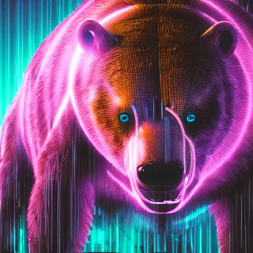 Image similar to cyborg grizzly bear with part of head replaced with metal and eye replaced with bright purple light on the streets of neo tokyo, 4k award winning render, realistic, neon, dark, gritty