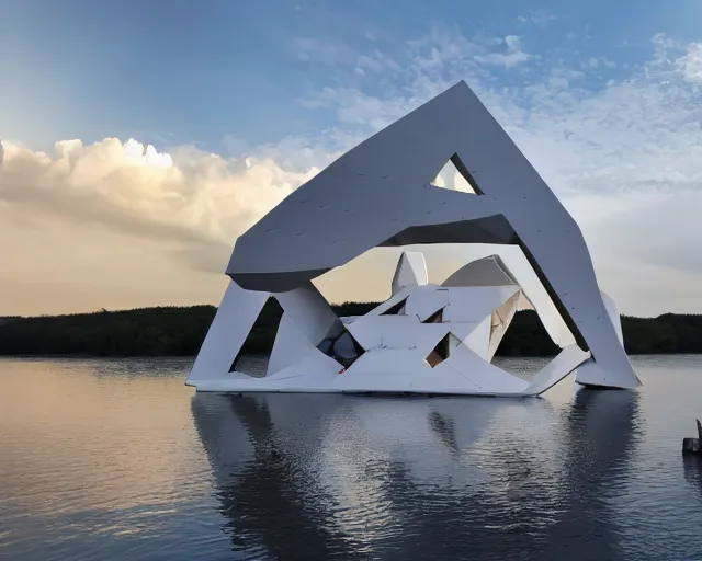 Image similar to photo of white minimalist abstract cubist sculpture of curvy spaceship with random small mecha mayan decorations, covered with few large white airplane parts with windows and doors, gigantic size, sunset lighting by a lake, reflected on the water