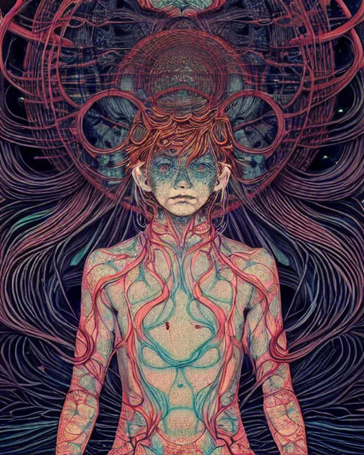 Image similar to human spirit breaking away from the body, conjuring psychedelic background, part by takato yamamoto, part by alex gray, ross tran, james jean, ultra realistic, octane render, highly detailed, 8 k, trending on artstation, cosmic, symmetry, masterpiece