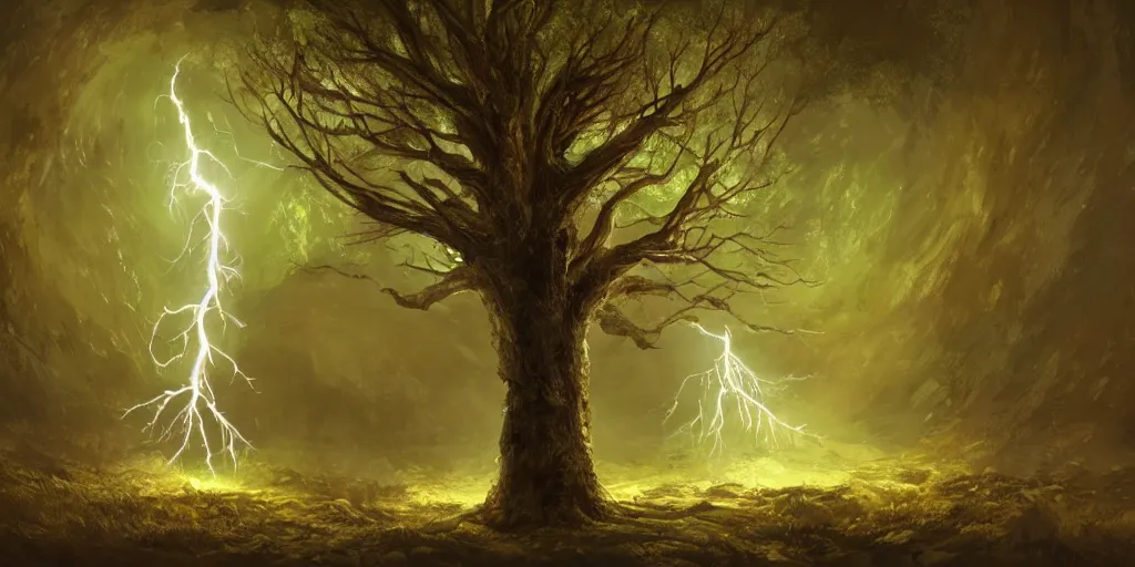 Image similar to a tree with lightning for leaves, overexposure, electricity, night, unreal engine, digital art, 8 k, oil painting, fantasy art, illustration, detailed and intricate environment