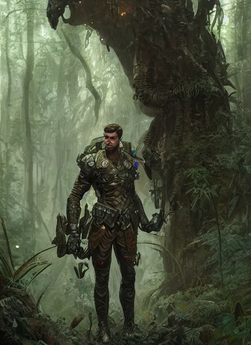 Image similar to a handsome male sci-fi solider exploring a magical rain forest, D&D, fantasy, intricate, cinematic lighting, highly detailed, digital painting, artstation, concept art, smooth, sharp focus, illustration, art by Terry Moore and Greg Rutkowski and Alphonse Mucha