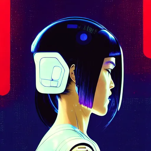 Image similar to side portrait scifi cyborg girl with robotic parts and spacesuit | | head only in center of image, audrey plaza, fine detail!! anime!! realistic shaded lighting!! poster by ilya kuvshinov katsuhiro otomo ghost - in - the - shell, magali villeneuve, artgerm, jeremy lipkin and michael garmash and rob rey