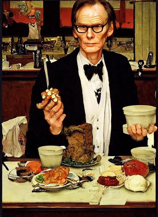 Prompt: full body and head portrait of bill nighy as victor from underworld in a restaurant eating a chop, painted by norman rockwell and tom lovell and frank schoonover