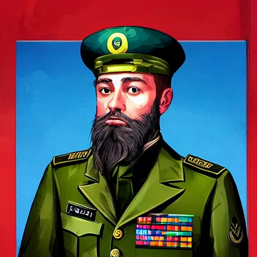 Image similar to “Zelensky with a beard wearing military uniform in GTA V, cover art by Stephen Bliss, Boxart, loadscreen”