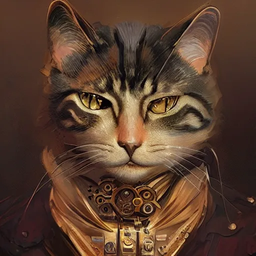 Image similar to Portrait of a steampunk cat, science fiction, highly detailed, digital painting, artstation, concept art, illustration, art by Greg Rutkowski and alphonse mucha