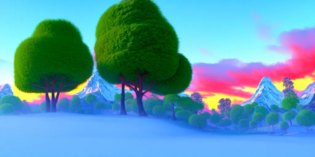 Prompt: a beautiful 3 d fantasy landscape art, orange clouds in the blue sky and green trees, snowy mountains, 3 d art in bob ross style, unreal engine 5, hyper realism