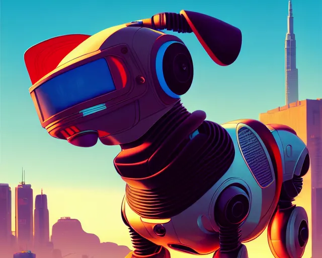 Prompt: a robot that vaguely resembles a dachshund, hyper - realistic, gta v cover art, celshading, sharp focus, intricate, detailed, rhads, andreas rocha, makoto shinkai, lois van baarle, ilya kuvshinov, greg rutkowski, dynamic lighting, grunge aesthetic, 4 k