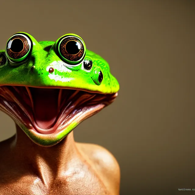 Image similar to man wearing a frog head, highly detailed, 4 k, hdr, smooth, sharp focus, high resolution, award - winning photo, boris valejo, photorealistic