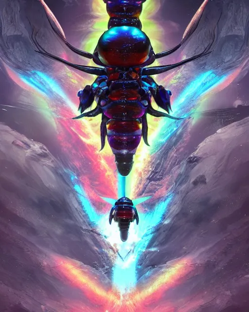 Prompt: detailed photo of rainbow stag beetle shaped alien vehicle, 8 k, by daniel mcgarry, xiaolong wang, trending on artstation, hyper detailed, beautiful lighting, epic environment