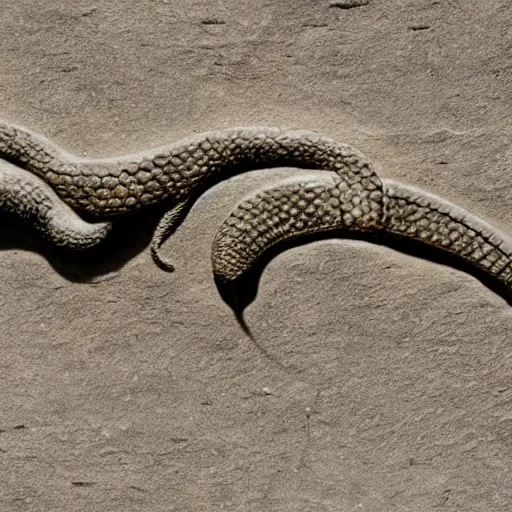 Prompt: The fossil of a serpent engraved in stone