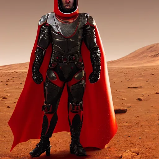 Prompt: a tall muscular soldier, wearing blood - spattered glossy sleek white dinged scuffed armor and a long torn red cape, heroic posture, determined expression, gritty, no helmet, on the surface of mars, dramatic lighting, cinematic, sci - fi, hyperrealistic, detailed